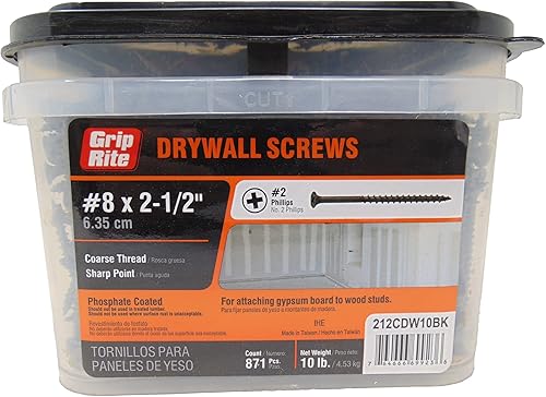 Grip Rite 212CDW10BK #8 by 2-1/2-inch Sharp Point Coarse Thread Phosphate Coated #2 Phillips Drive Bulk Drywall Screws 871 count, 10lbs - Poueer