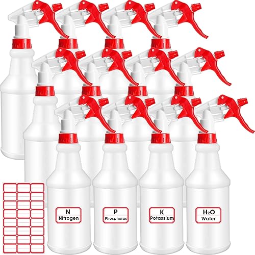 Gerrii 12 Pcs Plastic Spray Bottles with Adjustable Nozzle and Label for Cleaning 24 oz Anti Leak HDPE Spraying Bottles Empty Water Squirt Bottle (Red) - Poueer