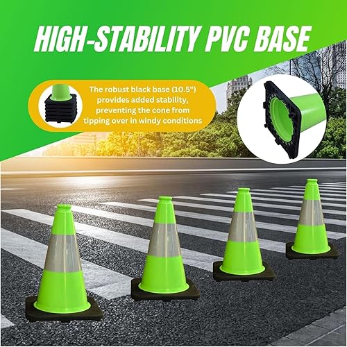 6 Pack 36'' Green PVC Traffic Cones Road Construction Cones with Black Base and Reflective Stripes Safety Cones for Parking Lots Driveways Construction Areas and Traffic Control - Poueer