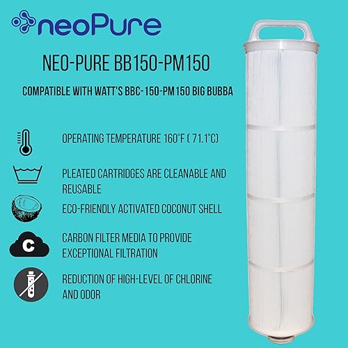 Neo-Pure BB150-PM150 Big Bubba Mesh 150 Micron Pleated Filter Cartridge | Compatible with Watt's BBC-150-PM150 Big Bubba BBH-150 Housing | High-Efficiency Water Filtration for Clean and Clear Water - Poueer