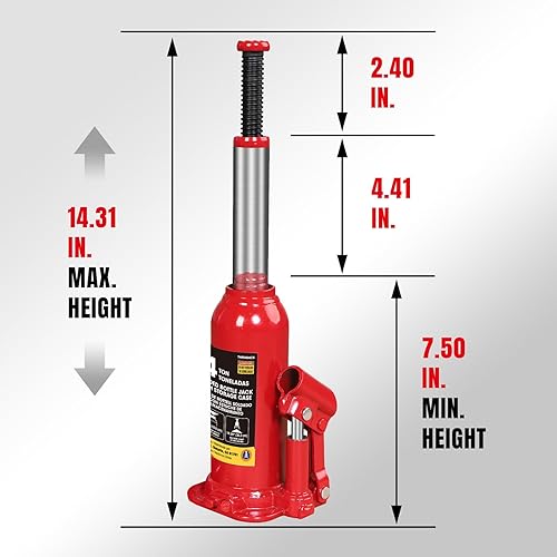 BIG RED T90413-5 Torin Hydraulic Bottle Car Jack with Carrying Case: Vertical and Horizontal Dual Use, 4 Ton (8,000 lb) Capacity, Red - Poueer