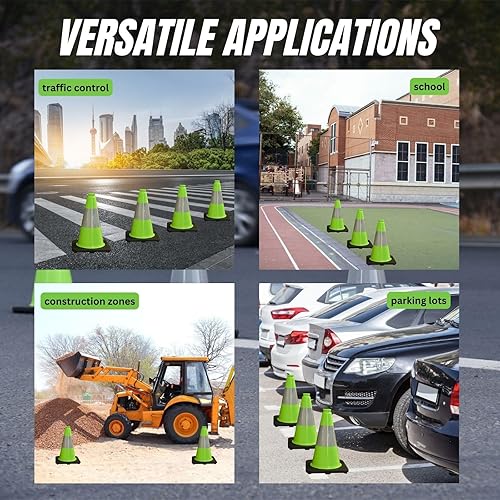 6 Pack 36'' Green PVC Traffic Cones Road Construction Cones with Black Base and Reflective Stripes Safety Cones for Parking Lots Driveways Construction Areas and Traffic Control - Poueer