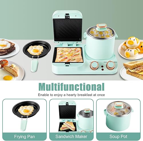 3in1 Breakfast Station, Household Electric Breakfast Maker, Electric Mini Toaster Bread Breakfast Machine Sandwich Maker, Breakfast Sandwich Maker with Frying Pan&Boiling Pot, Food Steamer - Poueer