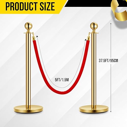 Stanchion Post with Velvet Rope, VIP Stanchion Queue Pole Barrier Posts, Red Carpet Stanchion Set, Gold 10-Pack - Poueer