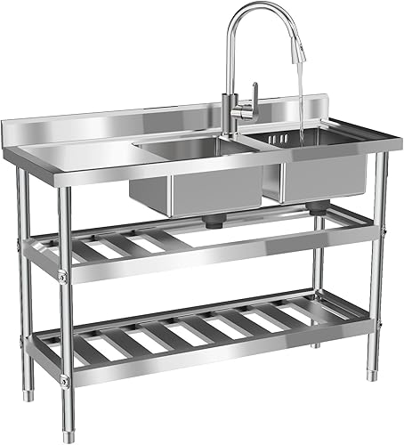 Commercial Kitchen Sink with Pull-Out Faucet Free Standing 201 Stainless Steel 2-Compartment Utility Sink, Workbench, and Water Pipe - Ideal for Restaurants and Heavy-Duty Cleaning - Poueer