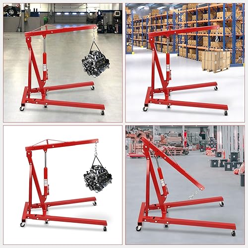 Engine Hoist with Lever, 2 Ton 4409lb Heavy Duty Folding Shop Crane with 6 Casters Cherry Picker Shop Crane Hoist Lift, Engine Lift Lever for Engine Lift Loading(Sent in 2 packages, red) - Poueer