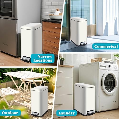 12 Gallon Trash Can, Stainless Steel Trash Can with Fingerprint-Resistant, Removal Inner Buck &Soft Close Plastic Lid, Step Garbage Can for Kitchen and Office, 45 Liter Capacity - Poueer