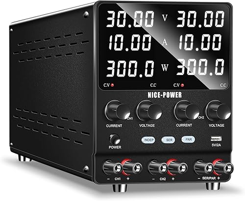 NICE-POWER Dual DC Power Supply Variable: 30V 10A Adjustable Switching Regulated Series (60V 10A) Parallel (30V 20A) High Precision 5V/2A USB Port Bench Lab Power Supplies - Poueer