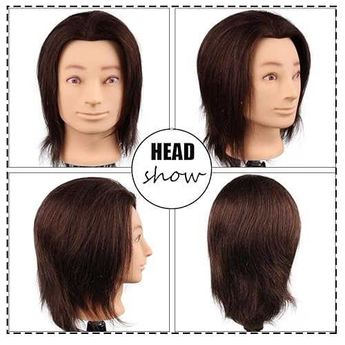 HAIRWAY Male Mannequin Head Human Hair 8 Inch Hairdresser Practice Mannequin Head with 100% Real Human Hair Cosmetology Styling Training Manikin Doll Head with Table Stand Clamp (Natural Black) - Poueer