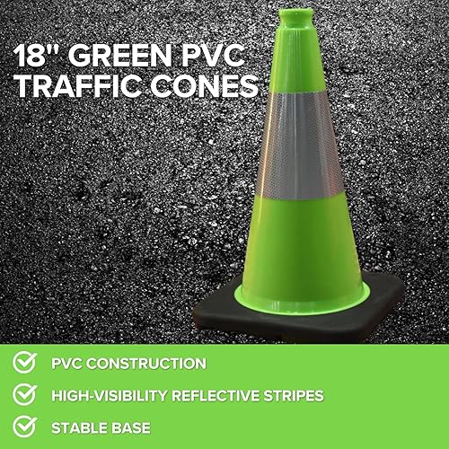 6 Pack 36'' Green PVC Traffic Cones Road Construction Cones with Black Base and Reflective Stripes Safety Cones for Parking Lots Driveways Construction Areas and Traffic Control - Poueer
