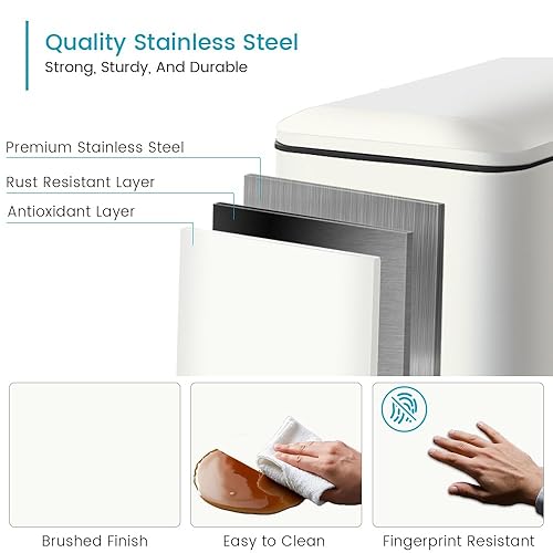 12 Gallon Trash Can, Stainless Steel Trash Can with Fingerprint-Resistant, Removal Inner Buck &Soft Close Plastic Lid, Step Garbage Can for Kitchen and Office, 45 Liter Capacity - Poueer