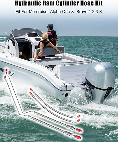 Hydraulic Ram Cylinder Hose Kit Fit for Mercruiser Alpha One with Trim Cylinder(15-9/16') and Bravo 1 2 3 X, Replace 32-864589 32-864588 32-99904Q, 4PCS - Poueer