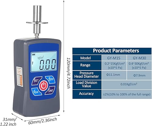 Weytoll Digital Fruit Hardness Tester Meter Mini Fruit Penetrometer Durometer with Range 0.2 to 15 Kgf/cm² (x10^5 Pa) Load Division Value 0. 01Kgf/cm² Pressure Head Diameter Φ11.1mm for Fruits - Poueer