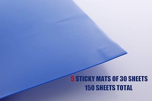 Cleanroom Sticky Mats with Base Pad, Include 5 Tacky Mats of 30 Sheets (150 Sheets Total) & 1 Non-Slip Hard Plastic Frame, Size 24x36 Inches, 50 Microns Per Sheet, Repositionable, Blue - Poueer