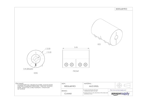Climax Part CC-100-050 Mild Steel, Black Oxide Plating Clamping Coupling, 1 inch X 1/2 inch bore, 2 inch OD, 3 inch Length, 1/4-28 x 5/8 Set Screw - Poueer