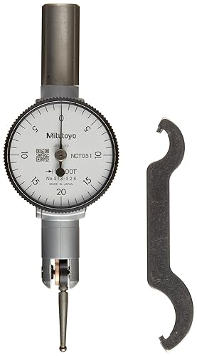 Mitutoyo 513-504 Pocket Type Dial Test Indicator, Basic Set, Horizontal Type, 0.375' Stem Dia., White Dial, 0-5-0 Reading, 1.3' Dial Dia., 0-0.01' Range, 0.0001' Graduation, +/-0.0002' Accuracy - Poueer