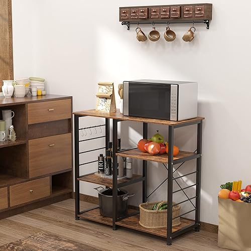 DlandHome Microwave Cart Stand 35.4 inches, Kitchen Baker's Rack Utility Storage Shelf Microwave Stand 3-Tier x 3-Tier for Spice Rack Organizer Workstation Shelf, Vintage - Poueer