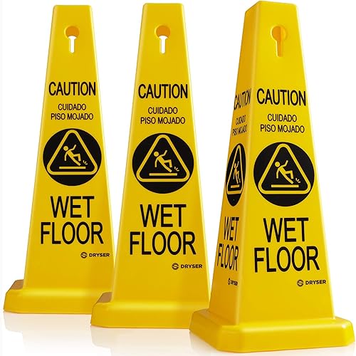 Dryser 3-Pack 26' Caution Wet Floor Cones - Yellow English/Spanish Warnings - Poueer