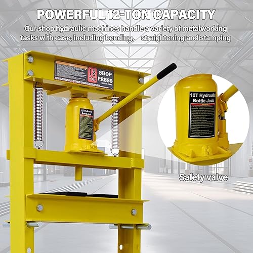 6 Ton Hydraulic Press, H-Frame Garage Floor Adjustable Shop Press with Built-in Relief Valve Pressure Gauge, Hydraulic Shop Press to Bend Straighten Press Parts Install Bearings U-Joints, Red - Poueer