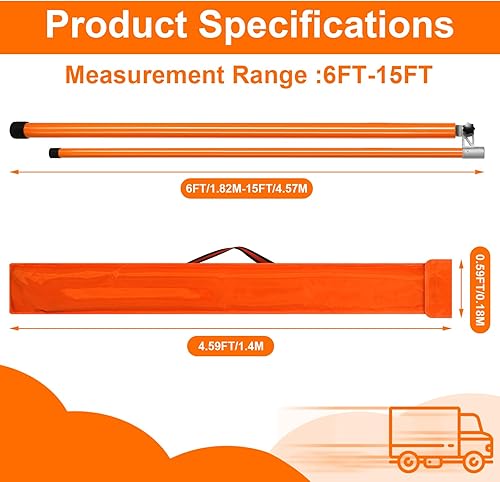 Umigy 15 Feet Load Height Measuring Stick Sturdy Fiberglass Height Stick for Trucks with Adjustable Pole Non Conductive Retractable Measurement Tool with Carrying Bag for Trucks, Car Haulers - Poueer