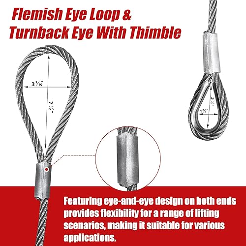 Single Leg Wire Rope Sling, 2.5T Vertical Rated Capacity 8.2FT, 1/2' Flemish Eye Loop Sliding Choker with Heavy Duty Thimble, Heavy Duty Rigging Cable for Lifting Towing Pulling - Poueer
