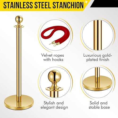 Stanchion Post with Velvet Rope, VIP Stanchion Queue Pole Barrier Posts, Red Carpet Stanchion Set, Gold 10-Pack - Poueer