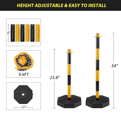 6 Pack Traffic Delineator Post Cone with Fillable Base, Crowd Control Barricade, Safety Cones, Adjustable Delineator Post Traffic Cones with 5.4FT Chain Outdoor and Indoor (Yellow+Black) - Poueer
