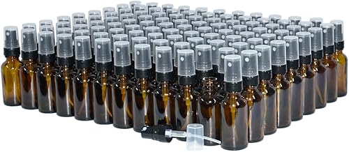 GlassBottleOutlet (Pack of 108) 1 oz. Amber Boston Round with Black Fine-Mist Sprayer - Poueer