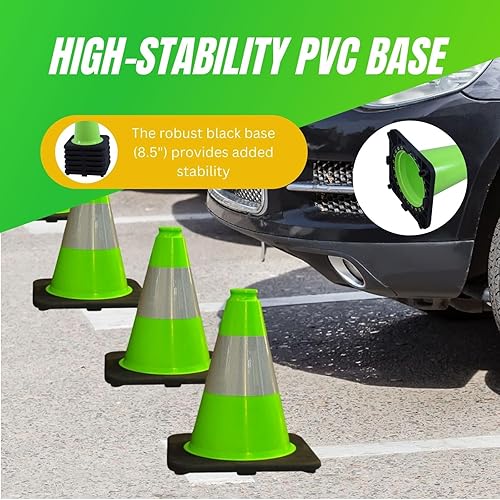6 Pack 36'' Green PVC Traffic Cones Road Construction Cones with Black Base and Reflective Stripes Safety Cones for Parking Lots Driveways Construction Areas and Traffic Control - Poueer