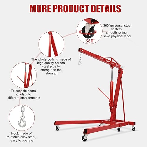 Engine Hoist with Lever, 2 Ton 4409lb Heavy Duty Folding Shop Crane with 6 Casters Cherry Picker Shop Crane Hoist Lift, Engine Lift Lever for Engine Lift Loading(Sent in 2 packages, red) - Poueer