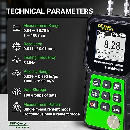Ultrasonic Thickness Tester Industrial-886 / Digital Metals Thickness Gauge with Range 0.04-15.75in(1-400mm) / Industrial Measuring Instrument - Poueer