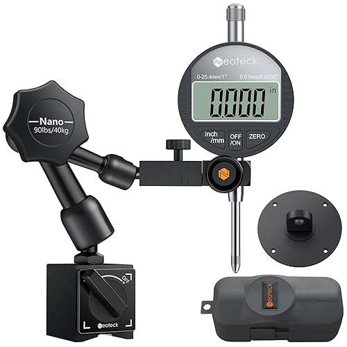 Neoteck 1'/25.4mm (0.0005'/0.01mm) Digital Indicator Set Dial Indicator and Magnetic Base Set with Storage Case, Ideal for 3D Printer Lathe Workshop CNC Machine Table Saw-90lbs(40kg) Max Pull-Black - Poueer