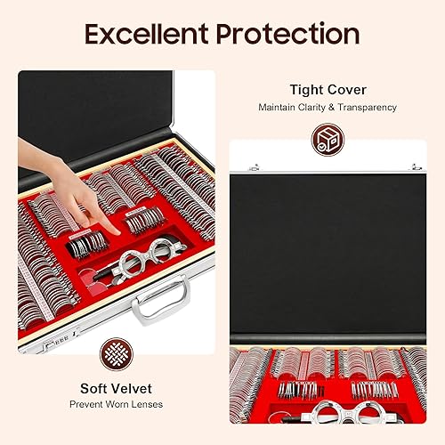 266Pcs Optical Trial Lens Set Optometry Kit Metal Rim Ophthalmic Lenses + Aluminum Case + Trial Frame + Cross Cylinders (266Pcs/Set) - Poueer