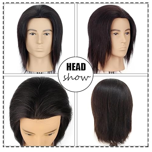 HAIRWAY Male Mannequin Head Human Hair 8 Inch Hairdresser Practice Mannequin Head with 100% Real Human Hair Cosmetology Styling Training Manikin Doll Head with Table Stand Clamp (Natural Black) - Poueer