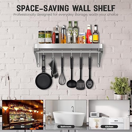 12'x24' Stainless Steel Shelf, Stainless Metal Steel Shelf Wall Mounted with 6 Hooks for Restaurant, Bar, Utility Room and Garage - Poueer