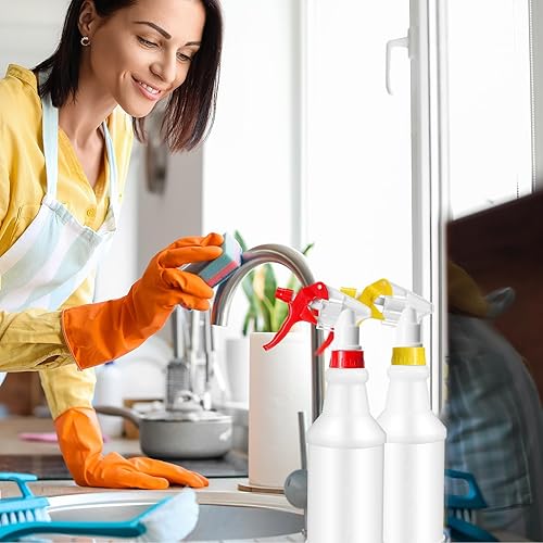 Gerrii 12 Pcs Plastic Spray Bottles with Adjustable Nozzle and Label for Cleaning 24 oz Anti Leak HDPE Spraying Bottles Empty Water Squirt Bottle (Red) - Poueer