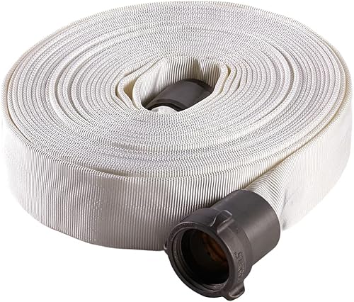 Fire Hose - 1' x 50' Lay Flat Water Hose - Made in the USA - White Forestry Firefighter Hose - Aluminum NPSH Couplings - Poueer