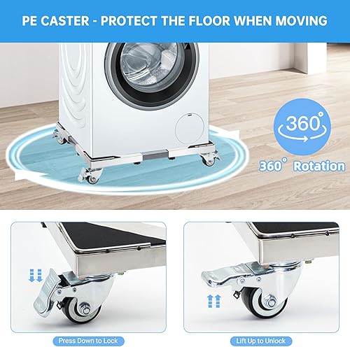 Nefish Upgraded Stainless Steel Appliance Dolly with Wheels 21-28 Inch Washing Machine Roller Heavy Duty 700 Lbs Furniture Cart with Wheel Flat Dollies for Washer and Dyer, Fridge, Cabinet, Boxes - Poueer