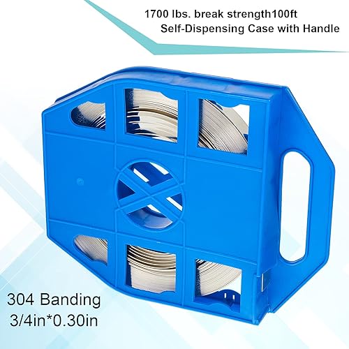 Amylove 1 Roll 304 Stainless Steel Strapping Band Coil, 100 Feet x 0.75 Inch x 0.03 Inch Steel Strapping Roll, Strap Metal Banding Tools in Plastic Self Dispensed Case with Handle - Poueer