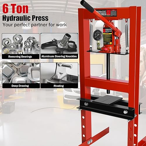 6 Ton Hydraulic Press, H-Frame Garage Floor Adjustable Shop Press with Built-in Relief Valve Pressure Gauge, Hydraulic Shop Press to Bend Straighten Press Parts Install Bearings U-Joints, Red - Poueer
