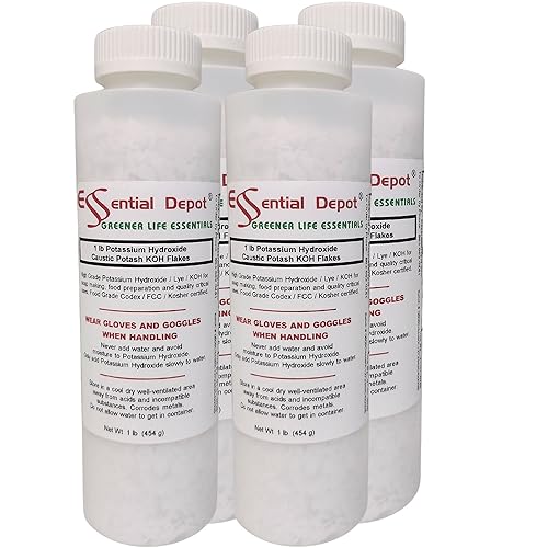 Potassium Hydroxide Flakes KOH, 4 lbs (4 x 1lb Container) Caustic Potash Anhydrous KOH Dry Electrolyte - HDPE Container with resealable Child Resistant Cap - Poueer