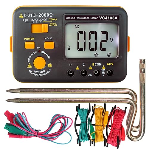 VC4105A Earth Resistance Tester Digital Grounding Resistance Meter 20/200/2000Ω Ground Resistance 750V AC Voltage Measure Backlight LCD Display Data Hold - Poueer