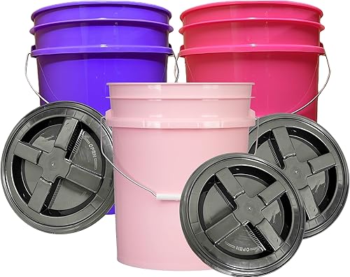 House Naturals 5 Gallon Food Grade Plastic Bucket, 3 Colors, BPA Free, Made in USA (Pack of 3) Buckets only, no lids - Poueer