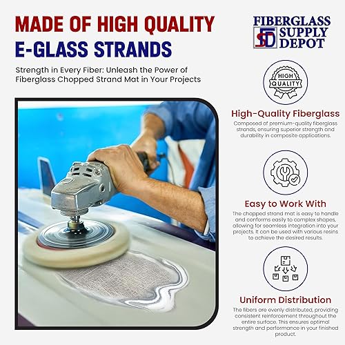 Fiberglass Chopped Strand Mat .75oz Full Roll | 50 inches Wide x 420 Feet Long |140 Yards Rolled | Hand Layup, Vacuum Bagging, Polyester or Vinyl Ester Resins - Poueer