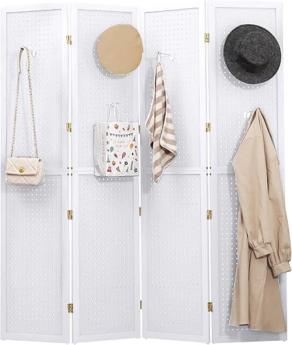 DURASPACE 4 Panel Pegboard Freestanding, 5.6 FT Wooden Foldable Privacy Screen, Portable Jewelry Display Board for Retail, Craft, Cloth, Art Display Panels (White) - Poueer