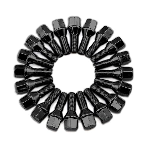 Set of 20 14x1.5 Wheel Lug Bolts 50mm Shank 17mm Hex Conical Seat, Black - Poueer
