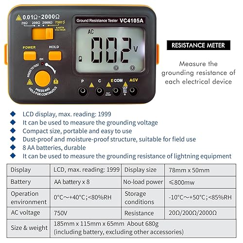 VC4105A Earth Resistance Tester Digital Grounding Resistance Meter 20/200/2000Ω Ground Resistance 750V AC Voltage Measure Backlight LCD Display Data Hold - Poueer