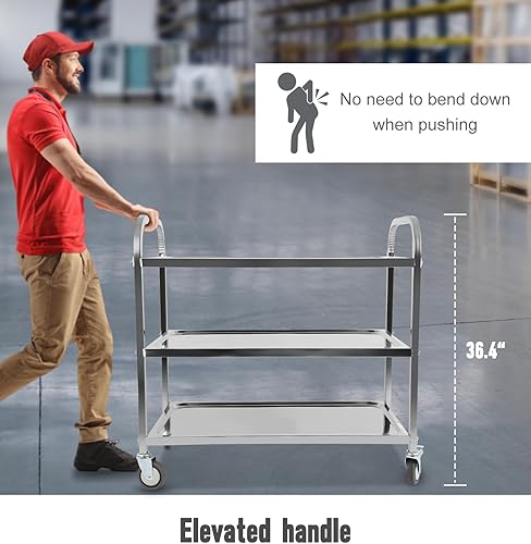 FAHKNS Stainless Steel Cart, 37.2' L X 19.2' W X 36.4' H 3 Layers Stainless Steel with Wheels, 330 LBS Weight Capacity, Rolling Cart with Lockable Universal Wheels, for Kitchen, Lab, Clinic, Salon - Poueer