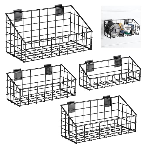 Vesici 4 Pack Slatwall Basket, Multi Size Metal Beveled Slatwall Panel Hanging Basket Mounted Slatwall Storage Basket for Shops, Rooms, Garage Storage Display Organizing on Slatwall Panels, Black - Poueer
