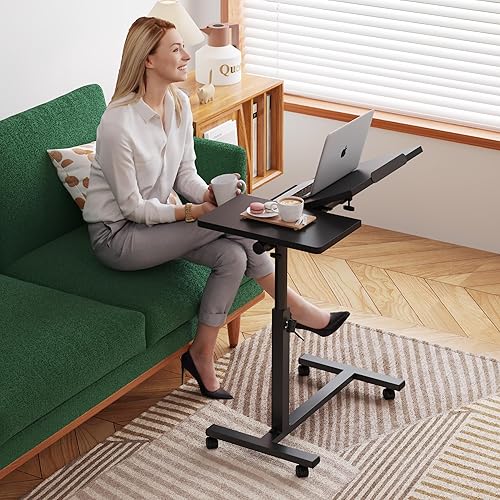 Over The Bed Table with Wheels Rolling Cart Tilting Sofa Laptop Stands Hospital Tray Medical OverbedTables-Black - Poueer